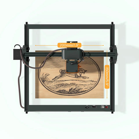 Portable 2.5W Laser Engraver With Wireless App Do It Yourself Precision Engraving Machine For Wood Leather Glass Acrylic Paper And More With Plus Minus 0.01mm Accuracy Safe Class 1 Kortek Module, top view with wood engraving