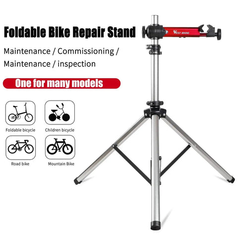 Bike Repair Stand with 360 Degree Swivel Clamp Adjustable Foldable Work Stand Lightweight Aluminum Floor Station 85 Lbs Max Capacity Tripod Base Quick Release Perfect For DIY Home Mechanics, showing tripod base and clamp.