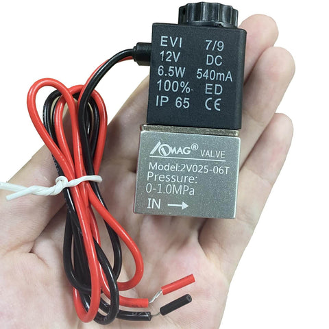 12V DC Aluminum Solenoid Valve For Air And CO2 Compressors, 1 Eighth Inch NPT, 2 Way Normally Open held in hand