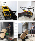 Powerful Electric Stair Climbing Dolly With Adjustable Speeds And Strong 440 Pound Max Load Capacity, Motorized Hand Truck For Heavy Moving And Logistics, 6 Wheel Track System on stairs and loading package.