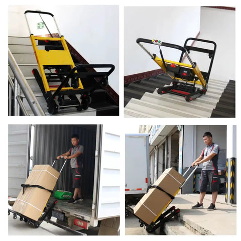 Powerful Electric Stair Climbing Dolly With Adjustable Speeds And Strong 440 Pound Max Load Capacity, Motorized Hand Truck For Heavy Moving And Logistics, 6 Wheel Track System on stairs and loading package.