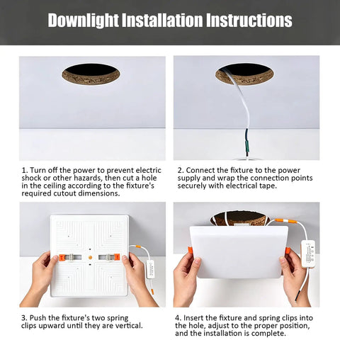 Step-by-step installation guide for VOGHMOLD 9W Square LED Recessed Light, showing preparation and connection for ceiling use.