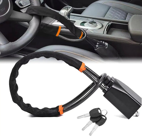 Beefy Braided Steel Anti Theft Steering Lock With Drill Resistant Cylinder High Visibility Deterrent Solid Road Ready Armor For Chevy Volt Bolt EV EUV Blazer EV on steering wheel.