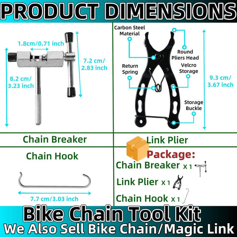 Product dimensions of the 3 In 1 Bike Chain Tool Kit With Master Link Pliers Chain Drift Tool And Chain Hook All In One Chain Breaker Set For Quick Chain Removal Repair And Maintenance On Mountain And Road Bikes Ride Ready.