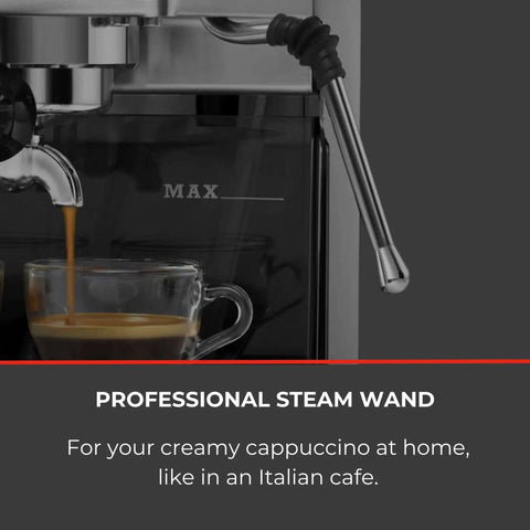 Close-up of Classic Evo Pro Grade Espresso Machine With Industrial Grey Finish Made In Italy Compact Size highlighting steam wand