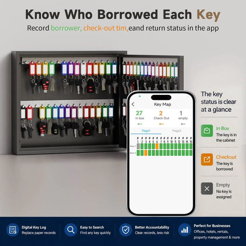 60 Key Lock Box With Anti Pry Recessed Door, Steel Key Cabinet For Office, School, Rental And Garage, Pro Grade Magnetic Door And Key Tags displayed with a digital key map on a mobile screen for efficient management.