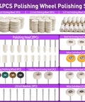 114 Piece Polishing Kit with two polishing compounds and 1 eighth inch shank buffing wheels for rotary tools, various shapes and sizes.