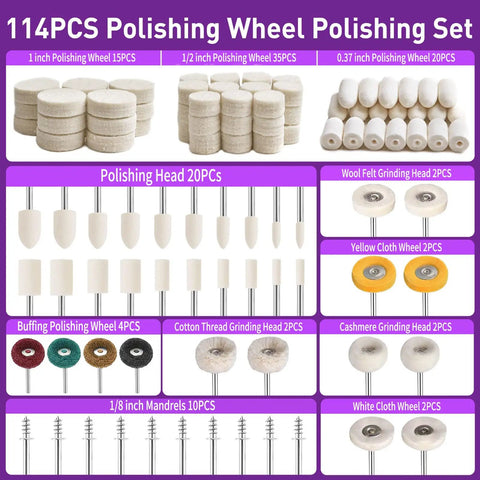 114 Piece Polishing Kit with two polishing compounds and 1 eighth inch shank buffing wheels for rotary tools, various shapes and sizes.