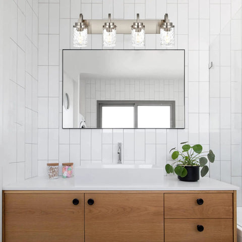 Bathroom with Dope 31 Inch Brushed Nickel Vanity Light Fixture With Hammered Glass Shade over mirror, modern gooseneck design