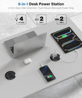 Sleek Flush Mount Power Grommet Featuring Four Standard Outlets And Four USB C Fast Charging Ports for desk with laptop and phone.