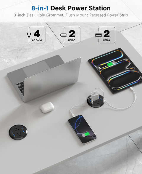 Sleek Flush Mount Power Grommet Featuring Four Standard Outlets And Four USB C Fast Charging Ports for desk with laptop and phone.