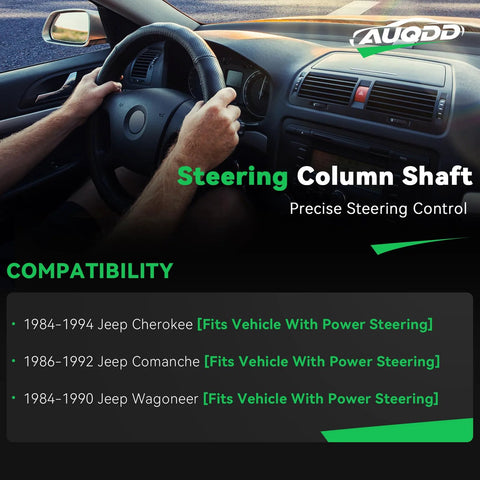 Interior/front view of steering column shaft with U-joint coupler in Jeep cockpit; AUQDD branding