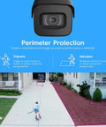 Diagram of UltraHD 4K Outdoor Bullet Security IP PoE Camera With 98ft Night Vision showing perimeter protection features.