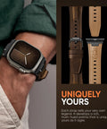 Genuine Top Grain Leather Replacement Strap For Apple Watch Ultra And Series Models Featuring Slick Quick Release Buckle And Comfy Everyday Drip With Solid Universal Wrist Fit All Day, worn on wrist with dark watch.