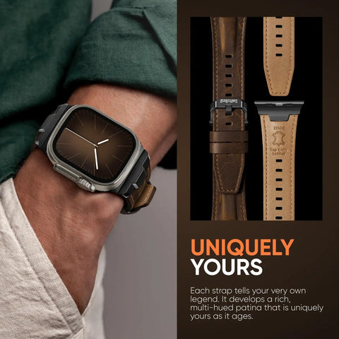Genuine Top Grain Leather Replacement Strap For Apple Watch Ultra And Series Models Featuring Slick Quick Release Buckle And Comfy Everyday Drip With Solid Universal Wrist Fit All Day, worn on wrist with dark watch.