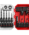 Professional 18 Piece Countersink Drill Bit Set Featuring Hex Shank Screwdriver Bits And Precision Depth Stop Collars inside a durable carrying case.