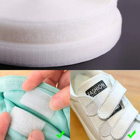 Heavy-Duty Sew-On Hook And Loop Tape Duo - Killer 3/4 Inch White Strips displayed on rolls, showing practical use on shoes and fabric.