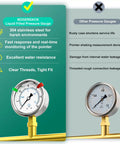 Pro Grade Stainless Steel Liquid Filled Pressure Gauge 0-30 Psi, 2.5 Inch Dial, highlighting durability and accuracy in comparison chart.