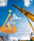Beefy Heavy Duty Cargo Net for Hauling and Securing Gear, Tear Resistant Nylon, 3x3M Grid lifting boxes with crane in sky