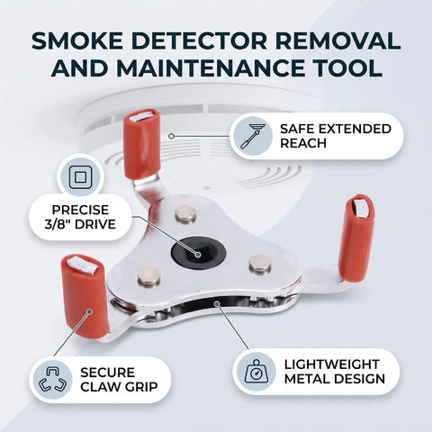 Smoke Detector Removal Tool And Fire Alarm Battery Changer Claw Gripper Head With 3 8 Square Ratchet Socket Interface For Easy Twisting And Secure Mounting Compatibility To Make Home Care A Piece Of Cake, showcasing lightweight metal design and secure claw grip.