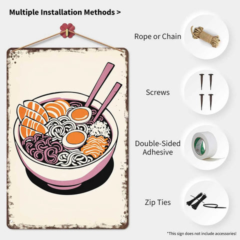 Vintage Ramen Bowl Metal Sign Tin Wall Art 8x12 Inches Japanese Style Kitchen Decor with multiple installation options