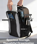 TSA Friendly Carry On Travel Backpack with compartments, showing 180 degree opening, side pocket, black color.