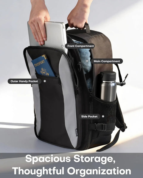 TSA Friendly Carry On Travel Backpack with compartments, showing 180 degree opening, side pocket, black color.