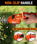Cordless 2 In 1 Hedge Trimmer And Grass Cutter demonstrating non-slip handle and 180° rotatable handle for easy trimming