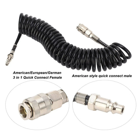 Kick Ass Flexible 6 Meter Coiled Air Hose Extender Reel For Air Compressors Ultimate Heavy Duty No Kink Solution For Tire Inflation And Workshop Tools Leak Proof Braided Steel Construction Super Tough Gear For Home Garage Use. Black coiled air hose with quick connect fittings
