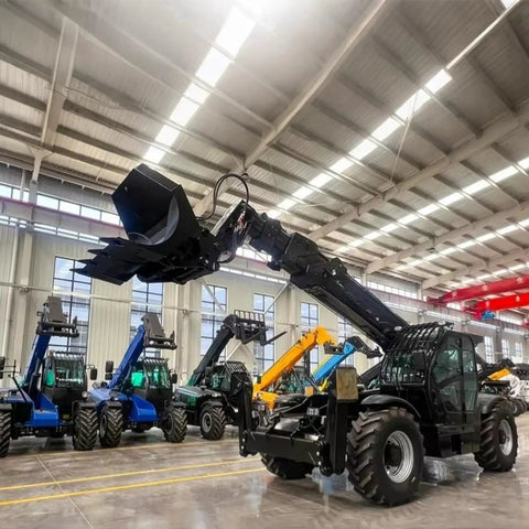 Heavy Duty Four Wheel Drive Telehandler Forklift With Extended Reach Boom in warehouse showing hydraulic boom and bucket.