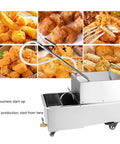 Heavy Duty 550W Commercial Fryer Filter Machine With 65L Capacity Tank shown next to various fried foods.