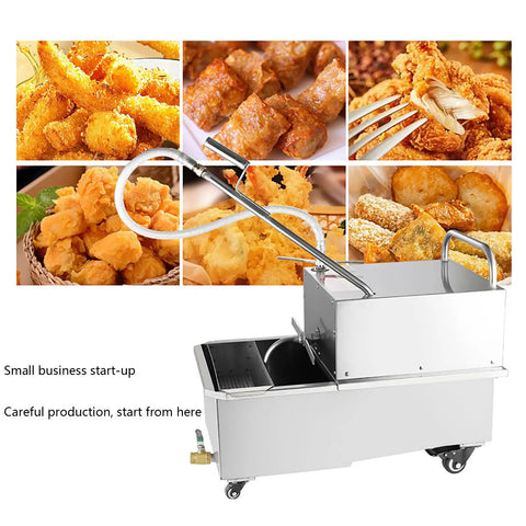 Heavy Duty 550W Commercial Fryer Filter Machine With 65L Capacity Tank shown next to various fried foods.
