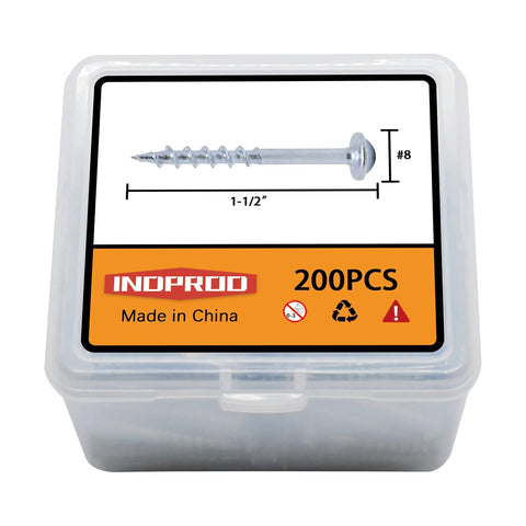 Box of Pocket Hole Screws One And One Half Inch Number Eight Square Drive Washer Head Wood Screws Zinc Coated Carbon Steel Self Tapping With Coarse Thread For Indoor And Outdoor Use White 200 Pieces