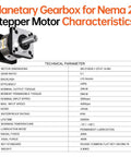 Chart and 5:1 planetary gearbox for NEMA 23 stepper motor, low backlash 15 arcmin, showing technical parameters and features.