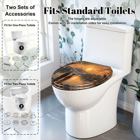 Elongated Mount Sunset Landscape Cherry Blossoms Traditional Toilet Seat on a standard toilet, featuring a landscape design and adjustability.