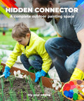 Child and adult installing pre-rusted weathering steel landscape edging kit for gardens with snap-fit segments and gloves