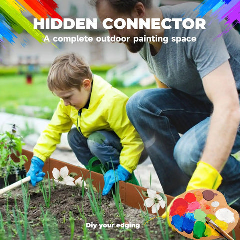 Child and adult installing pre-rusted weathering steel landscape edging kit for gardens with snap-fit segments and gloves