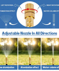 Diagram of adjustable nozzle demonstrating atomization effects in Outdoor Misting Cooling System Kit With 100 Ft Misting Line And 25 Brass 360 Degree Adjustable Nozzles, Patio Garden Misters For Outdoor Cooling, Greenhouse Humidity Control, Quick Connect Fittings Included.
