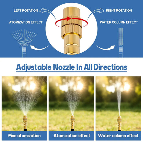 Diagram of adjustable nozzle demonstrating atomization effects in Outdoor Misting Cooling System Kit With 100 Ft Misting Line And 25 Brass 360 Degree Adjustable Nozzles, Patio Garden Misters For Outdoor Cooling, Greenhouse Humidity Control, Quick Connect Fittings Included.
