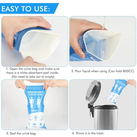 Instructional images showing Unisex Disposable Urinal Bags For Travel And Camping, 12 Pack Emergency Urine Kit use steps.