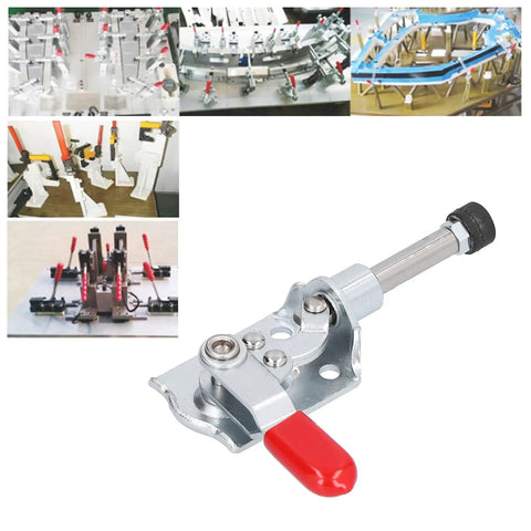 Quick Release Toggle Clamp With Straight Up Reliable 40kg Holding Capacity For Dead Simple Welding Jigs Metal Plates And Circuit Board Setup Easy Push Pull Action Anyone Can Manage In The Workshop displayed with various setups.