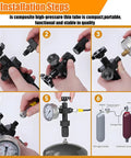 Pro Grade Hydraulic Accumulator Kit With Nitrogen Fill installation steps with gauge, adapters, and hose connections.