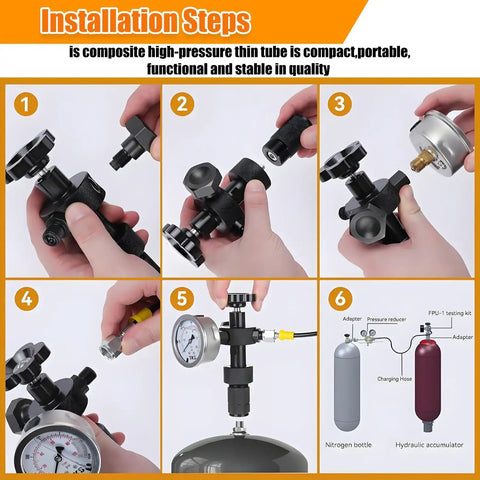 Pro Grade Hydraulic Accumulator Kit With Nitrogen Fill installation steps with gauge, adapters, and hose connections.
