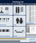 Packing list includes parts for White Frosted Glass Bifold Barn Door 48x84 Inches With Hardware Kit Included Pre Drilled Holes.