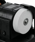 Workhorse Dual Wheel Electric Knife Sharpener And Polisher With Double Grinding Plates close-up of white polishing wheel.