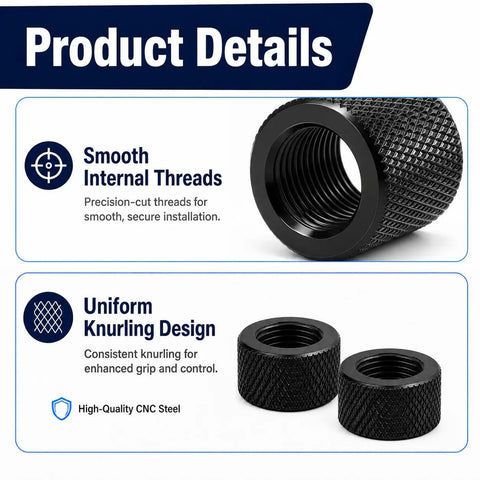 Four Pack Range Ready 5/8X24 Thread Protector Caps For Caliber Three Zero Eight Lr308 Rifles CNC Machined detail of smooth threads and knurling