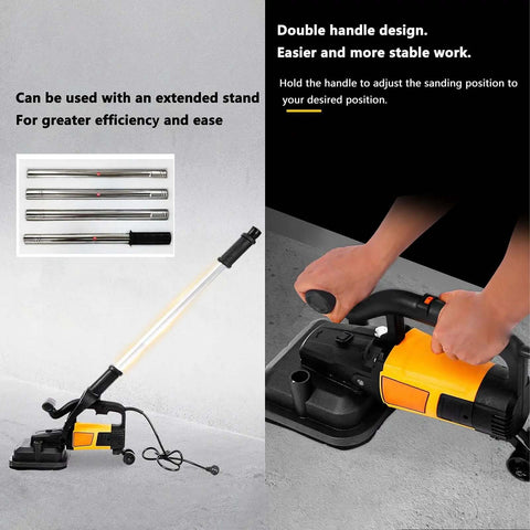 Kickass 4-Head Concrete Grinder With 3800W Motor And Sick Dust Collection Setup showing double handle design and extended stand.