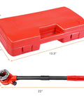 Ratcheting Pipe Threader Kit With Six Dies For One Quarter, Three Eighths, One Half, Three Quarters, One, And One And Quarter Inch Pipes, Heavy Duty Threading Tool Set With Durable Storage Case, showing red case and tool.