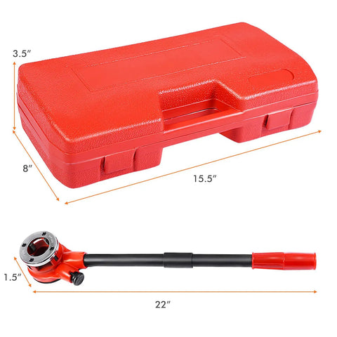Ratcheting Pipe Threader Kit With Six Dies For One Quarter, Three Eighths, One Half, Three Quarters, One, And One And Quarter Inch Pipes, Heavy Duty Threading Tool Set With Durable Storage Case, showing red case and tool.
