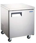 Heavy Duty Commercial Undercounter Freezer 27 Inch 6 Cubic Foot Stainless Steel Auto Defrost with a sleek design on wheels.